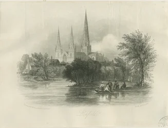Catedral de Lichfield - Vista suroeste: grabado (viñeta), nd [c 1842]