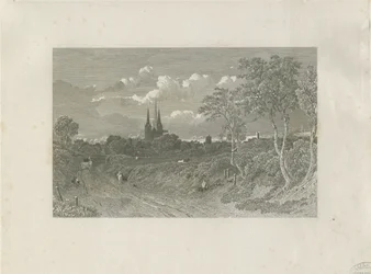 Catedral de Lichfield - Vista oeste (distante): grabado, nd [?siglo XVIII]