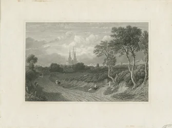 Catedral de Lichfield - Vista oeste (distante): grabado, nd [?siglo XVIII]