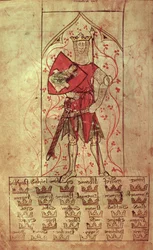 Roy 20 A II f.4r King Arthur and the Thirty Kingdoms escrito durante el reinado de Eduardo II (1248-1327)
