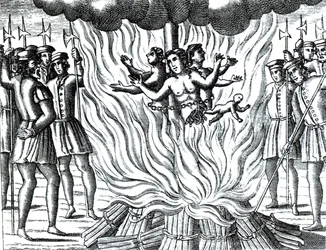 Relato de los tres mártires de Guernsey quemados en la hoguera, de una edición de "Actas y Monumentos" de John Foxe (1516-87) (grabado).