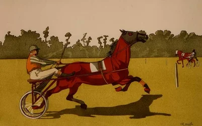 Poni trotando tirando de un carro de carreras
