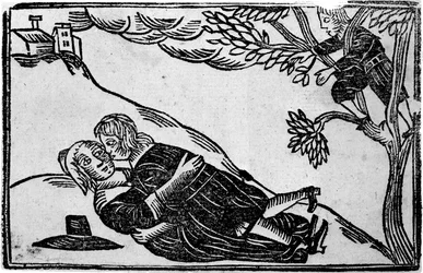 Dos personas manteniendo relaciones sexuales, de "A Book of Roxburghe Ballads" (xilografía) (fotografía en blanco y negro)