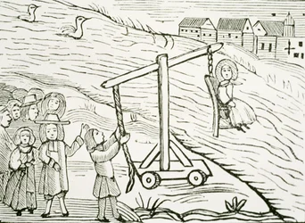 Mujer en un taburete, acusada de brujería, ilustración de una colección de libros de bolsillo sobre esoterismo (xilografía)