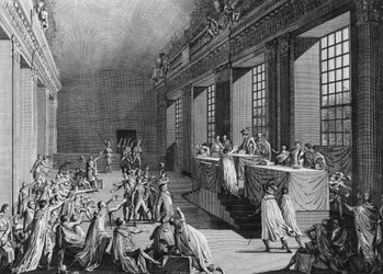 Días 18 y 19 de bruma Año VIII (9 y 10 de noviembre de 1799): Golpe de estado de Bonaparte en la Cámara del Consejo de los Quinientos (Sala de los 500) que derrocó al Directorio Ejecutivo, tomó el poder y fue nombrado Primer Cónsul. París, Biblioteca del I