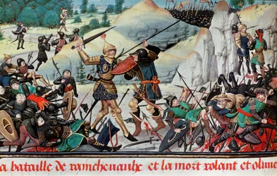 Muerte del caballero Roldán, sobrino de Carlomagno, en la batalla de Roncesvalles (778) entre el ejército de Carlomagno y los sarracenos. Miniatura. París, B.N.