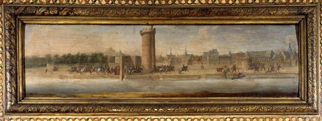 Entrada de Enrique IV en París: Charles de Cosse Brissac (Cosse-Brissac) abrió la puerta de la conferencia a Enrique IV (1553-1610) - paisaje mediano de uno de los grandes paneles de la sala (paisaje con 4 codornices y 2 cigüeñas) - Salón de la Meilleraye.