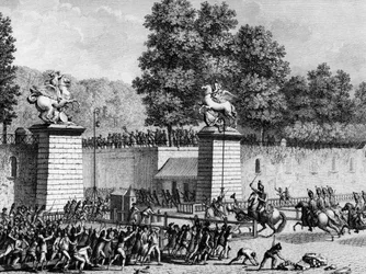 Primera de la Revolución Francesa: Monsieur Charles Eugene de Lorraine, Príncipe de Lambesc (1754-1825) entrando en las Tullerías con un destacamento de Royal German el 12 de julio de 1789 para reprimir a los primeros revolucionarios. París, Biblioteca del