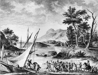 Revolución francesa: arresto de los embajadores franceses Charles Louis Huguet de Semonville y Hugues Bernard Maret en Novate el 25 de julio de 1793. Grabado y dibujo de Duplessi-Bertaux