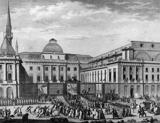 Revolución Francesa: Ayuntamiento de París, parlamento en noviembre de 1790 en la isla de la ciudad presidido por Jean Baptiste Gaspard Bochart de Saron. París, Biblioteca del Instituto de Historia de la Revolución