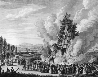Revolución Francesa: conmemoración de la captura de la Bastilla el 14 de julio de 1792 con una gran hoguera quemando los símbolos de la monarquía del palacio de las Tullerías. París, Biblioteca del Instituto de Historia de la Revolución