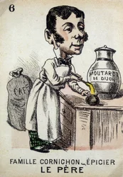 Juego de las Siete Familias: El Padre de la Familia Cornichon-tendero preparando mostaza de Dijon. Musée de la Carte à Jouer, Issy-les-Moulineaux