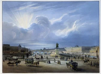 Vista general del Louvre con la estatua de Enrique IV