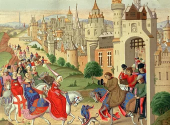 Isabel, reina de Inglaterra, es recibida a las puertas de París por su hermano el rey Carlos IV de Francia, del manuscrito "Chroniques" (edición facsímil)