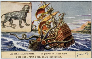 Seres legendarios - pulpo y león marino - cromo Liebig color