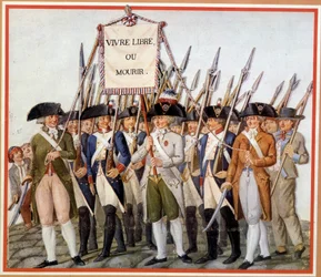 Guardias nacionales con la bandera «Vivir libres o morir»