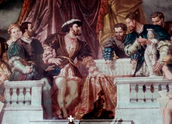 Presentación de los planos del nuevo Louvre al Rey Francisco I (1494-1547). El Rey Francisco I recibió al arquitecto Pierre Lescot alrededor de 1546. Fresco del Gran Salón Napoleón III en el ala Richelieu, Louvre, París