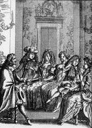 Representación de una escena de la obra “La crítica de la escuela de las mujeres” (1663) por Jean Baptiste Poquelin llamado Molière (1622-1673)