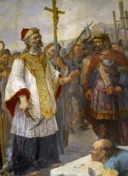 San Corentin coloca la primera piedra de la Catedral de Quimper en Odet en presencia del Rey Gralon Meur, 435 - pintura de la iglesia de Morlaix