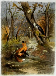 El cuervo y la zorra, de "Las fábulas de La Fontaine" (grabado)