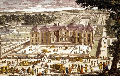 Vista del castillo de Vaux le Vicomte, construido por Louis le Vau en 1658-1661 para Nicolas Fouquet (grabado en color)
