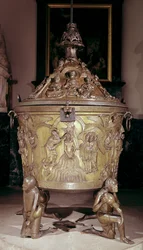 Pila bautismal con un panel en relieve del Bautismo de Cristo, sostenida por cuatro figuras arrodilladas que representan los ríos del paraíso, Alemania, c.1225-30
