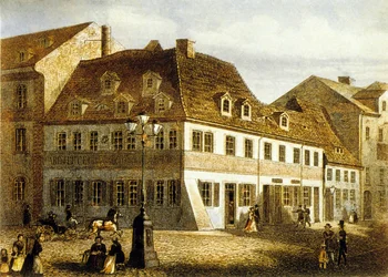 Lugar de nacimiento del compositor Robert Schumann en Zwikau, Sajonia (grabado en color)