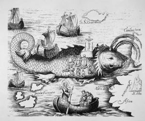 San Brendan celebrando misa en la espalda de un pez gigante entre las Islas Canarias y la mítica Isla de San Brandano