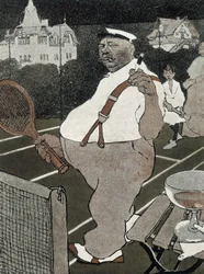 Tenis: hombre gordo, fumando y bebiendo alcohol, jugando tenis - caricatura alemana