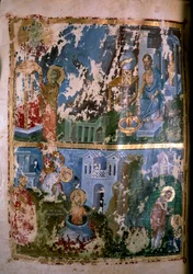 Escenas de la vida de san Cipriano. Miniatura en «Homilías. Orationes» de san Gregorio Nacianceno (o Naziance) (328-390), 879-882. Manuscrito griego. París, NL