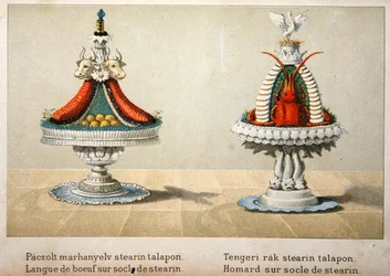 Diseño para la presentación de lengua de buey sobre una cama de estearina y para langosta, ilustración de un libro de cocina húngaro sobre cocina francesa, c.1880