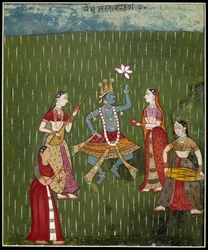 Diosa Krishna bailando en la lluvia con músicos