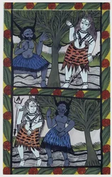 Kama, dios del deseo, envía una flecha de amor a Shiva en meditación, para unirse con Parvati. Pat: rollo pintado de la región de Bengala, que sirve como medio narrativo para los cantantes Baoul (Baul). Colección privada de Leonard de Selva.