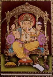 Lord Ganesh Ganpati Pintura en miniatura sobre papel con relieve de oro