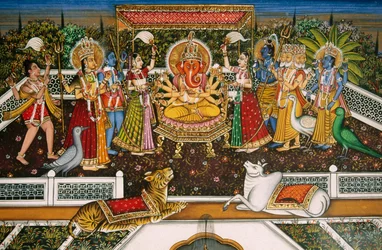 Lord Ganesh Ganpati con Brahma, Vishnu, Shiva, Durga, Pintura en miniatura sobre papel