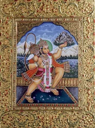 Señor Hanuman Pintura en miniatura sobre papel con bordado de oro