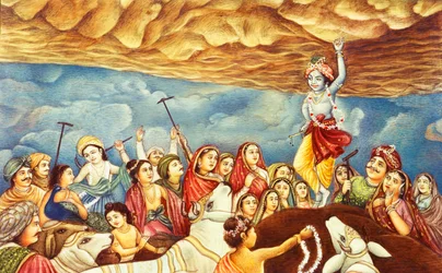 Pintura en miniatura de Krishna levantando una montaña