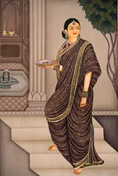 Marathi Lady Going To Temple Pintura en miniatura sobre papel