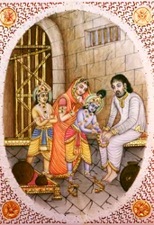 Pintura en miniatura en marfil de Krishna Balram y Devaki Vasudeva