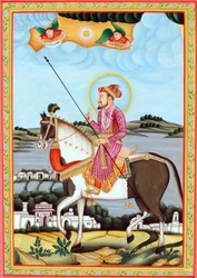 Pintura en miniatura del emperador mogol Shah Jahan sentado a caballo