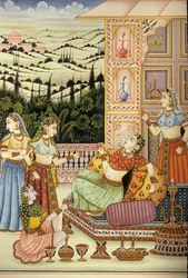 Pintura en miniatura de una dama mogol bebiendo, India