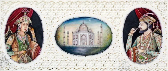 Pintura en miniatura del emperador mogol Shah Jahan con su esposa Mumtaj Mahal