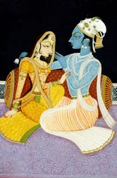 Pintura de Dios Krishna y su mayor devota Radha, India