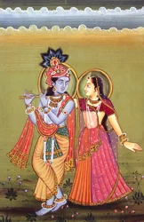 Pintura de Dios Krishna y su mayor devota Radha, India