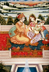 Pintura de un emperador mogol con sus esposas en una escena de amor, India