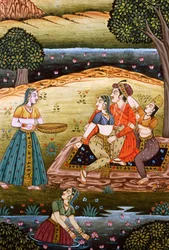 Pintura de un emperador mogol con sus esposas en una escena de amor, India