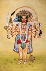 Panchmukhi Señor Hanuman Pintura en miniatura sobre papel