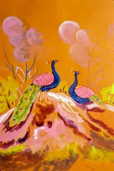 Pareja de pavos reales, escuela de Jaipur, Rajastán, India
