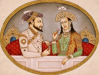 Retrato del emperador mogol Shahjahan con la reina Mumtaz Mahal, India