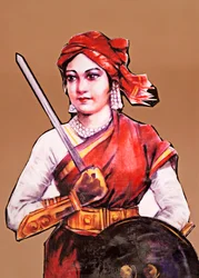 Retrato de Rani Laxmibai Reina de Jhansi gran luchadora por la libertad en la primera guerra de Independencia de la India Motín Indio 1857-58 (litografía en color)